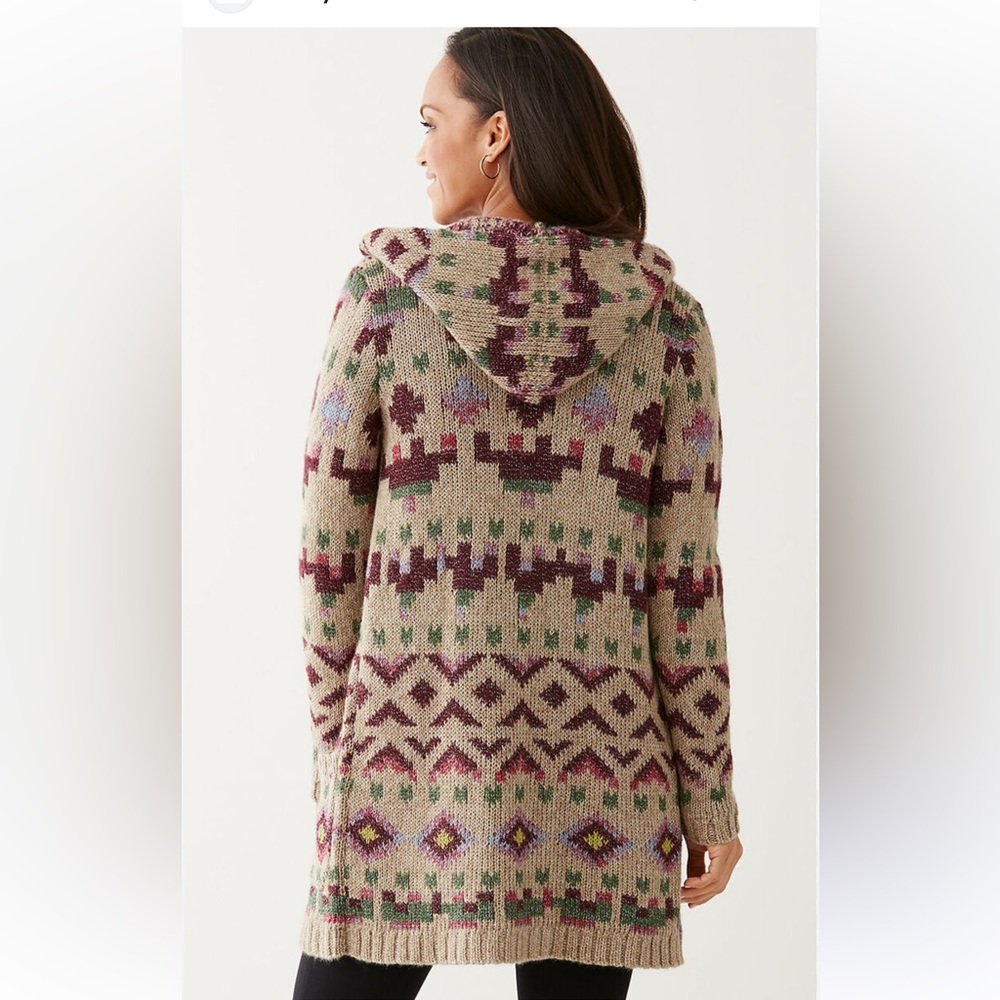 J Jill Lenox topper Aztec Lenox Hooded Sweatercardigan sz L beige burgundy wool - Picture 2 of 11
